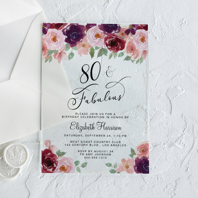 Invitaciones Acrílicas Elegante fiesta de cumpleaños número 80 de Floral (Subido por el creador)