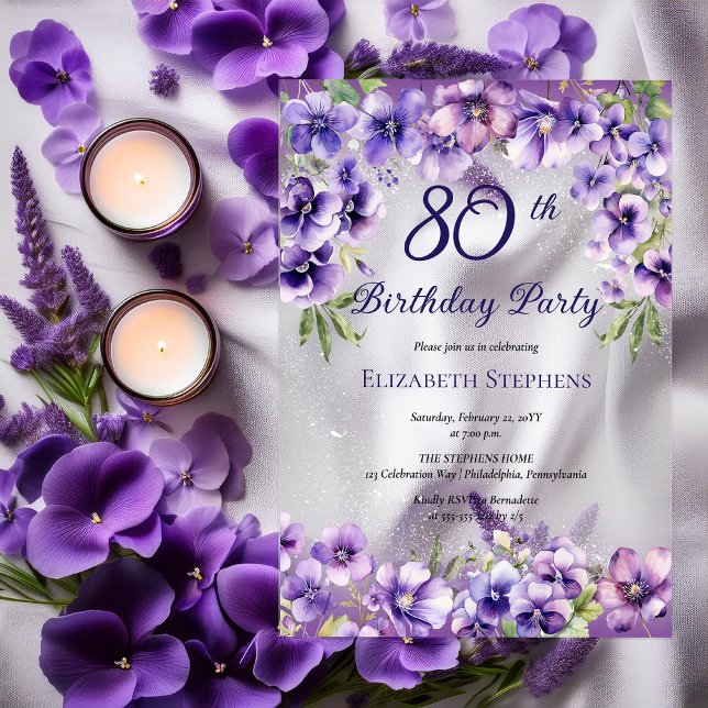 Invitaciones Acrílicas Elegante fiesta de cumpleaños número 80 de las vio (Elegant Purple Violets Floral 80th Birthday Party Acrylic Invitations)