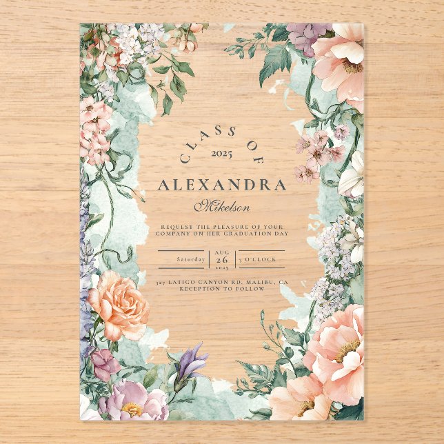 Invitaciones Acrílicas Elegante fiesta de graduación de flor silvestre de (Anverso)