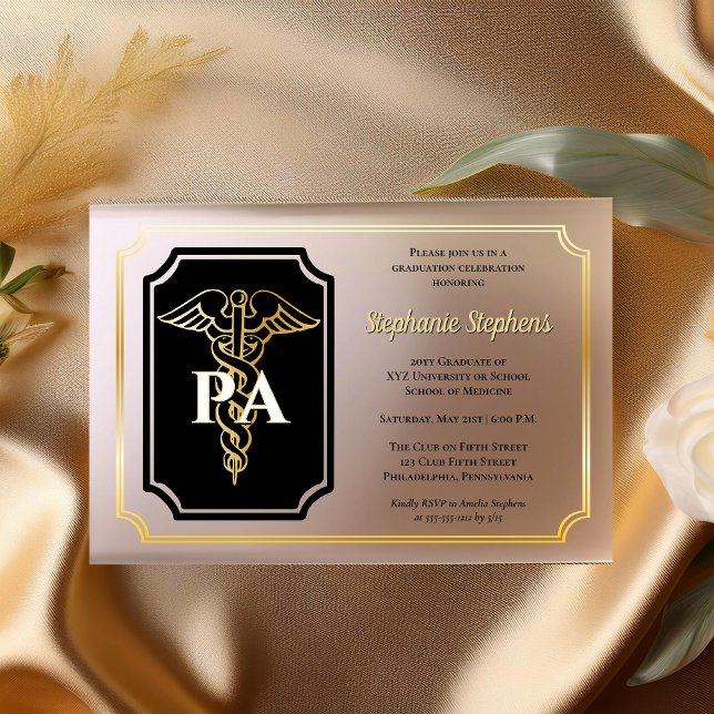 Invitaciones Acrílicas Elegante Fiesta de Graduación de Médicos de Oro (Elegant Gold Tone and Black Physician's Assistant PA Graduation Party Acrylic Invitations)