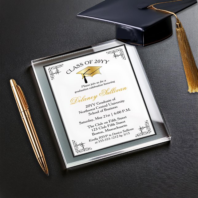 Invitaciones Acrílicas Elegante Fiesta de Graduación Universitaria Faux G (Elegant Formal College Graduation Party Faux Gold, Black and White Acrylic Invitations)