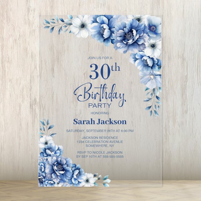 Invitaciones Acrílicas Elegante Fiesta de la Floral Azul 30 cumpleaños (Subido por el creador)