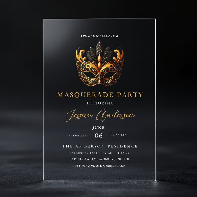 Invitaciones Acrílicas Elegante Fiesta de Mascarada de Oro Cumpleaños (Subido por el creador)