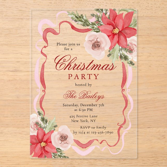 Invitaciones Acrílicas Elegante Fiesta de Navidades florales de Coquette (Anverso)