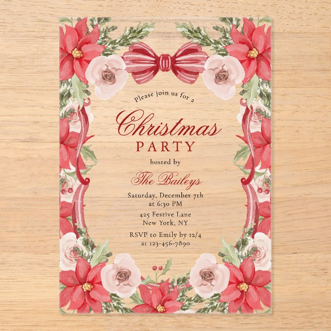 Invitaciones Acrílicas Elegante Fiesta de Navidades florales de Coquette (Anverso)