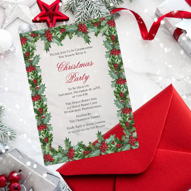 Invitaciones Acrílicas Elegante Fiesta de Navidades Holly y Berries Frame (Elegant Holly and Berries Frame Christmas Holiday Party  Acrylic Invitation )