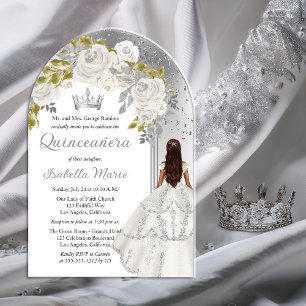 Invitaciones Acrílicas Elegante fiesta de Quinceañera floral de plata y b