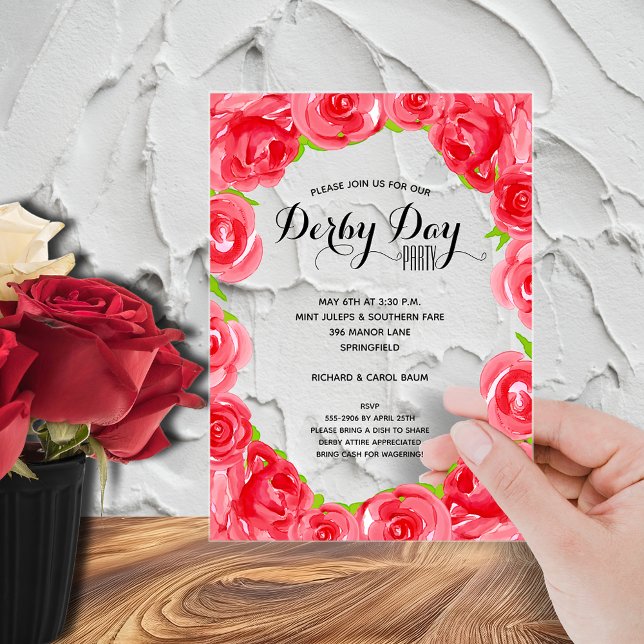 Invitaciones Acrílicas Elegante Fiesta de Rosas Rojas Derby (Elegant red roses Derby party acrylic invitations - order clear or frosted)