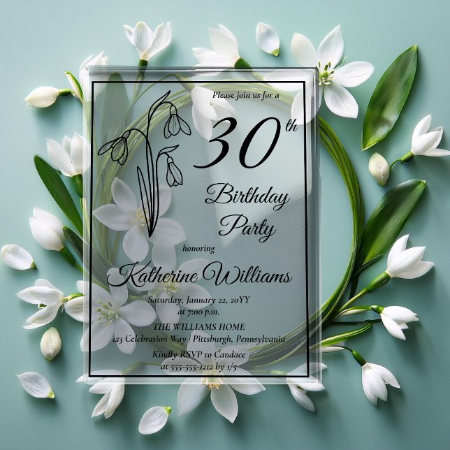 Invitaciones Acrílicas Elegante Fiesta de Snowdrop Cumpleaños 30 (Elegant Snowdrops 30th Birthday Party Acrylic Invitations)