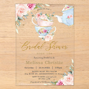 Invitaciones Acrílicas Elegante fiesta de té alto con flores rosadas para
