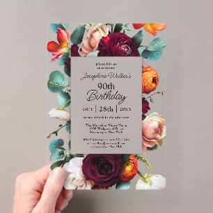 Invitaciones Acrílicas Elegante fiesta floral de otoño para cumpleaños 90