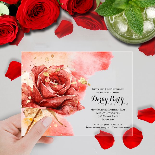 Invitaciones Acrílicas Elegante Fiesta Red Rose Derby (Elegant red rose Derby day clear acrylic party invitations)