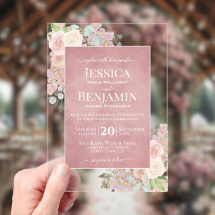 Invitaciones Acrílicas Elegante Flor de Rosa Polvorienta Estilizada Boda