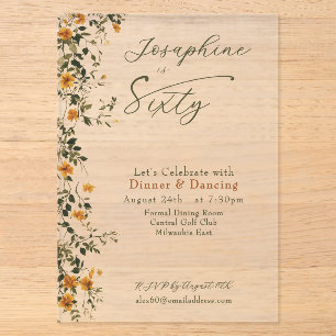 Invitaciones Acrílicas Elegante Flor Silvestre Dorada Nombrada Cumpleaños