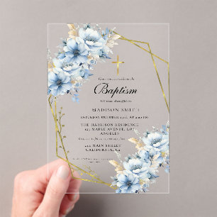 Invitaciones Acrílicas Elegante flor silvestre Dusty Blue Garden Baptism