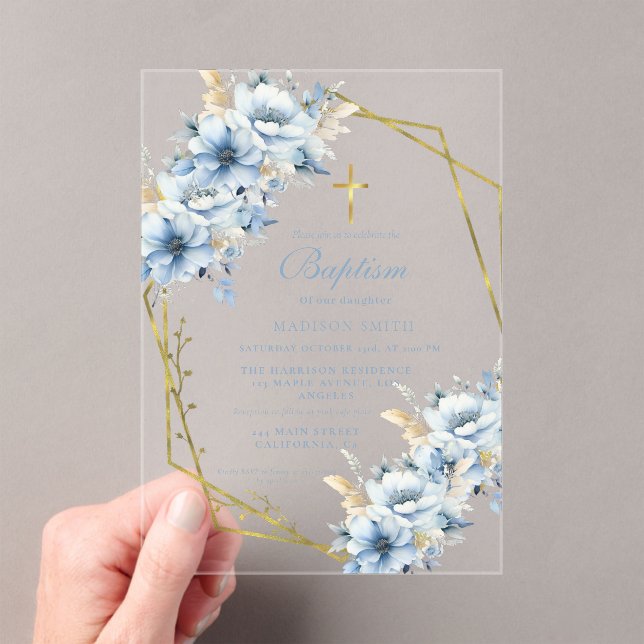 Invitaciones Acrílicas Elegante flor silvestre Dusty Blue Garden Baptism (Insitu (portátil))