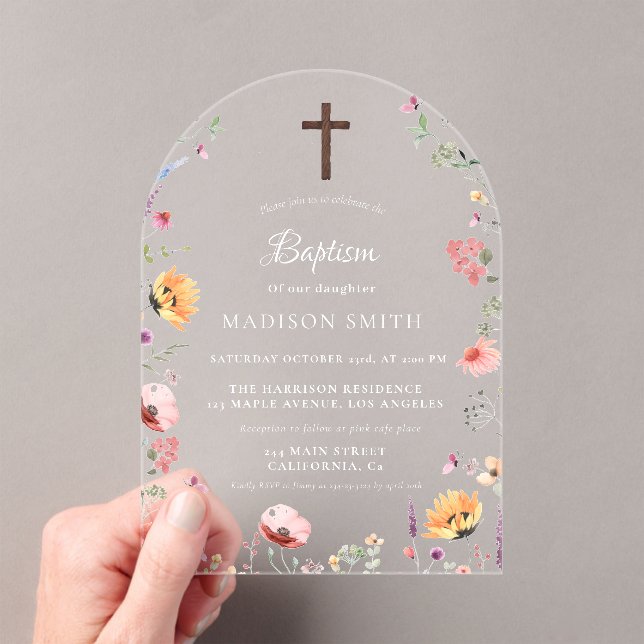 Invitaciones Acrílicas Elegante flor silvestre pradera jardín bautismo (Insitu (portátil))