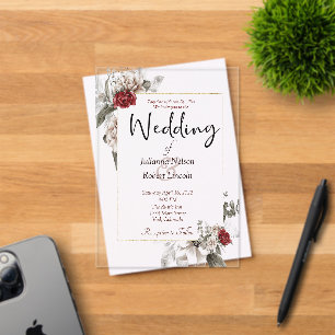 Invitaciones Acrílicas Elegante floral acuarela en rojo y niebla para bod