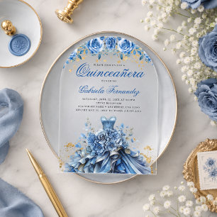 Invitaciones Acrílicas Elegante Floral Azul Quinceañera