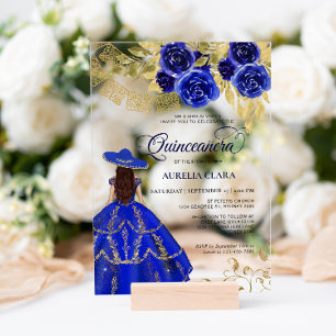 Invitaciones Acrílicas Elegante Floral Azul Real Mexicana Quinceañera