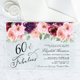 Invitaciones Acrílicas Elegante floral Borgoña Rosa 60 cumpleaños