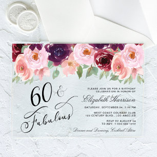 Invitaciones Acrílicas Elegante floral Borgoña Rosa 60 cumpleaños
