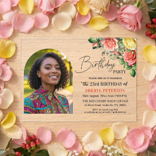 Invitaciones Acrílicas Elegante floral con foto Cumpleaños 23