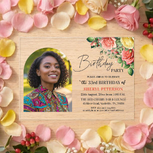 Invitaciones Acrílicas Elegante floral con foto Cumpleaños 33