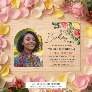 Invitaciones Acrílicas Elegante floral con foto Cumpleaños 36