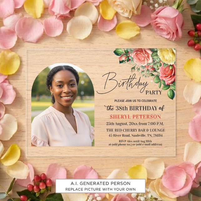 Invitaciones Acrílicas Elegante floral con foto Cumpleaños 38 (Subido por el creador)