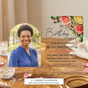Invitaciones Acrílicas Elegante floral con foto Cumpleaños 45