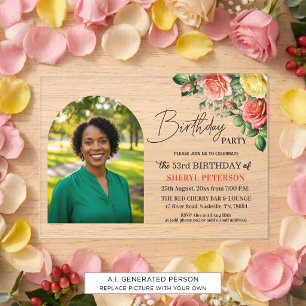 Invitaciones Acrílicas Elegante floral con foto Cumpleaños 53