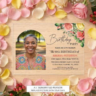 Invitaciones Acrílicas Elegante floral con foto Cumpleaños 69