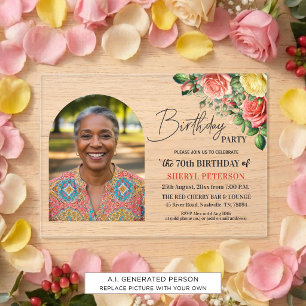 Invitaciones Acrílicas Elegante floral con foto Cumpleaños 70 años