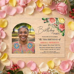 Invitaciones Acrílicas Elegante floral con foto Cumpleaños 70 años