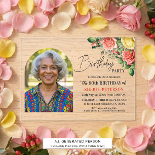 Invitaciones Acrílicas Elegante floral con foto Cumpleaños 80