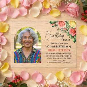 Invitaciones Acrílicas Elegante floral con foto cumpleaños 84