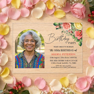 Invitaciones Acrílicas Elegante floral con foto cumpleaños 89