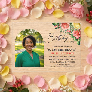 Invitaciones Acrílicas Elegante floral con foto Cumpleaños número 59