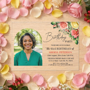 Invitaciones Acrílicas Elegante floral con foto de cumpleaños número 63