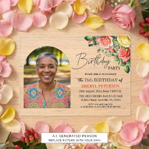 Invitaciones Acrílicas Elegante floral con foto Fiesta de cumpleaños 75