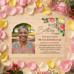 Invitaciones Acrílicas Elegante floral con foto Fiesta de cumpleaños 75