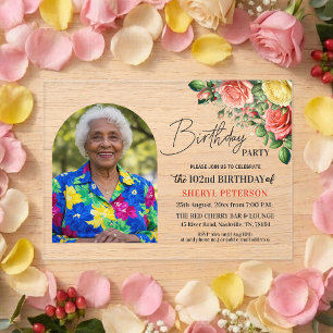 Invitaciones Acrílicas Elegante floral con foto para cumpleaños 102