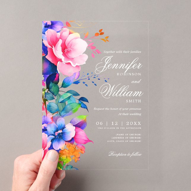 Invitaciones Acrílicas Elegante Floral de Boda Romántica Script Arcoíris (Insitu (portátil))