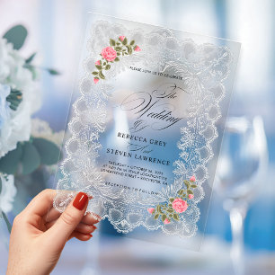 Invitaciones Acrílicas Elegante Floral de Encaje Rosa Caligrafía Boda