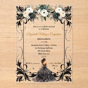 Invitaciones Acrílicas Elegante floral de Quinceañera negra