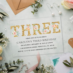 Invitaciones Acrílicas Elegante Floral Dorado Brillo TRES 3er Cumpleaños