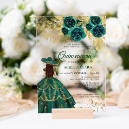 Invitaciones Acrílicas Elegante floral esmeralda verde Charra Quinceañera