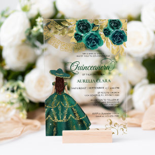 Invitaciones Acrílicas Elegante floral esmeralda verde Charra Quinceañera