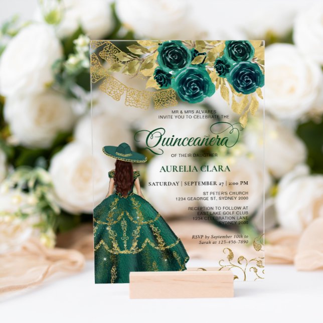 Invitaciones Acrílicas Elegante floral esmeralda verde Charra Quinceañera (Subido por el creador)